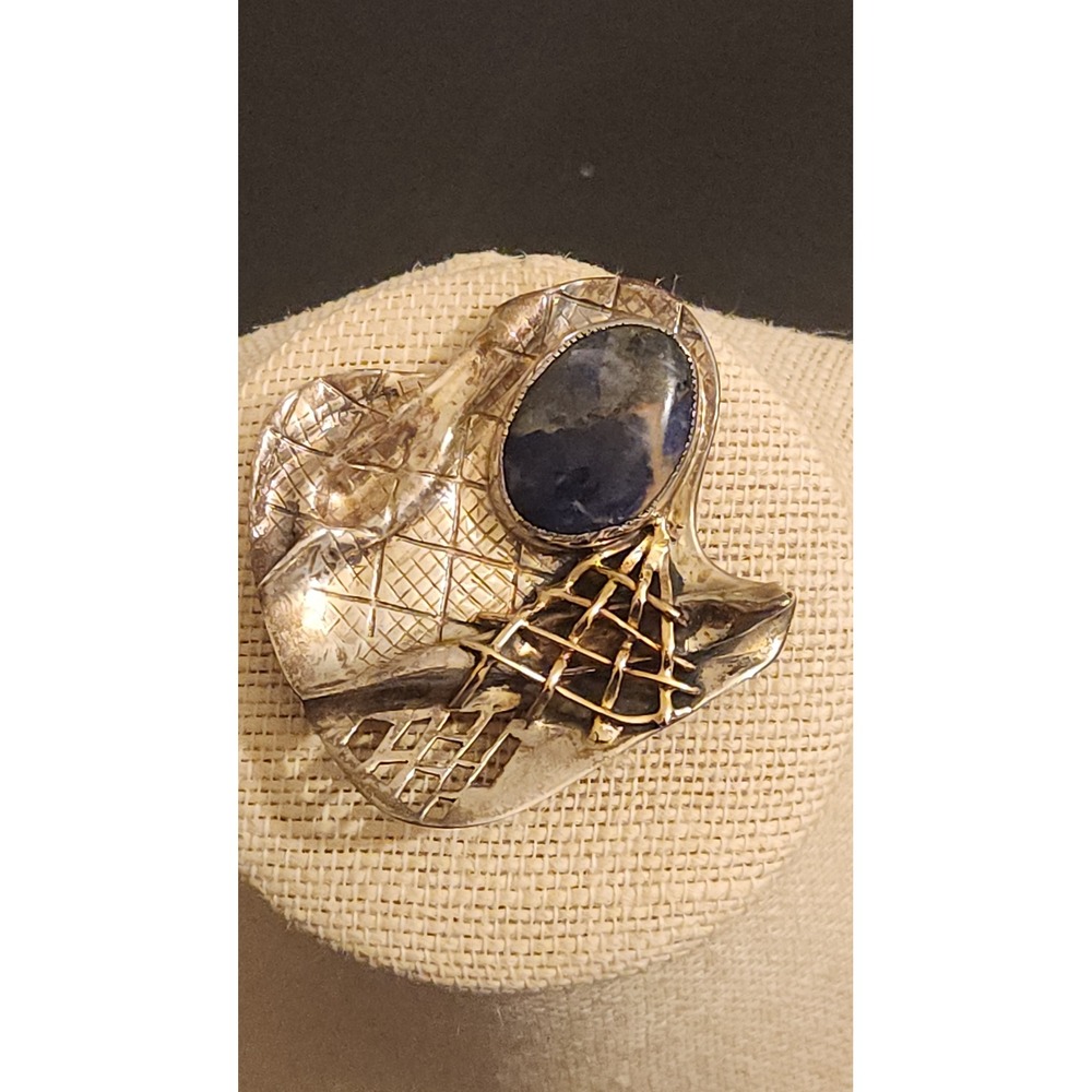 S. Youell Sterling Silver Brutalist Sodalite Brooch Pendant Mixed Metal Artisan